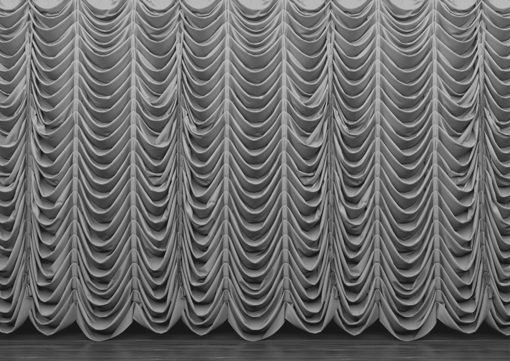 3d rendering. Long gray luxury curtains hanging on the wood stage.