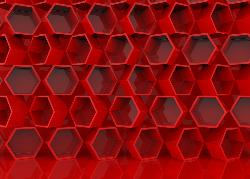 3d rendering. Abstract ramdoming red hexagonal stack wall background.