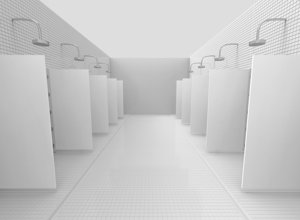 3d rendering. Public outdoor Shower place in white color tone concept.