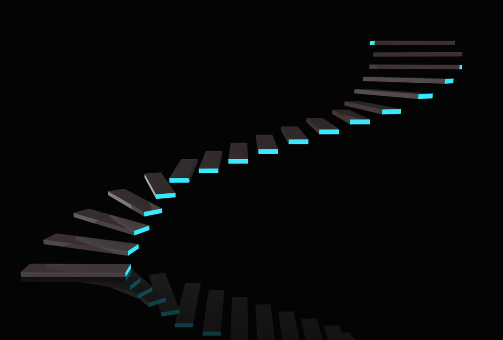 3d rendering. modern dark stairs with blue light on copy space black background.