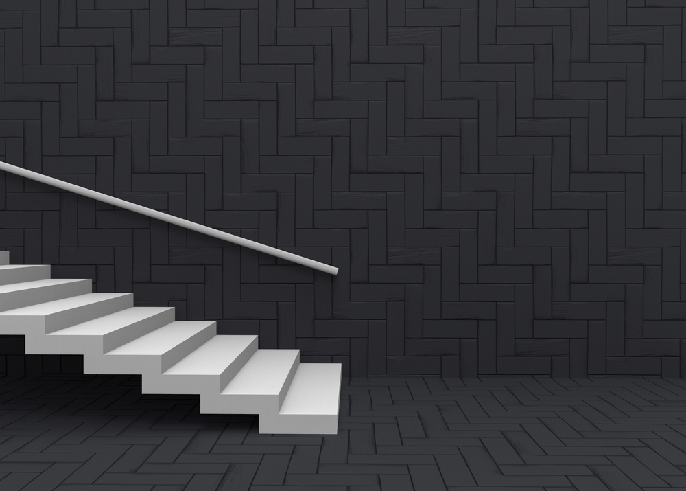 3d rendering. White staircase on dark square pattern wall and floor background.