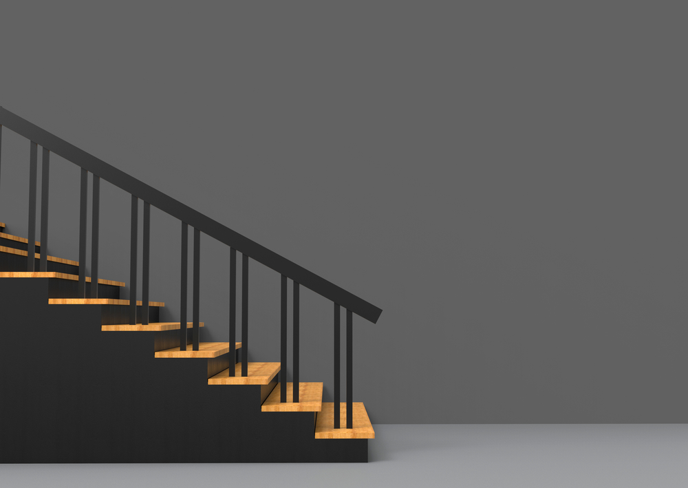 3d rendering. wood panel on black stairs with copy space gray wall as background.