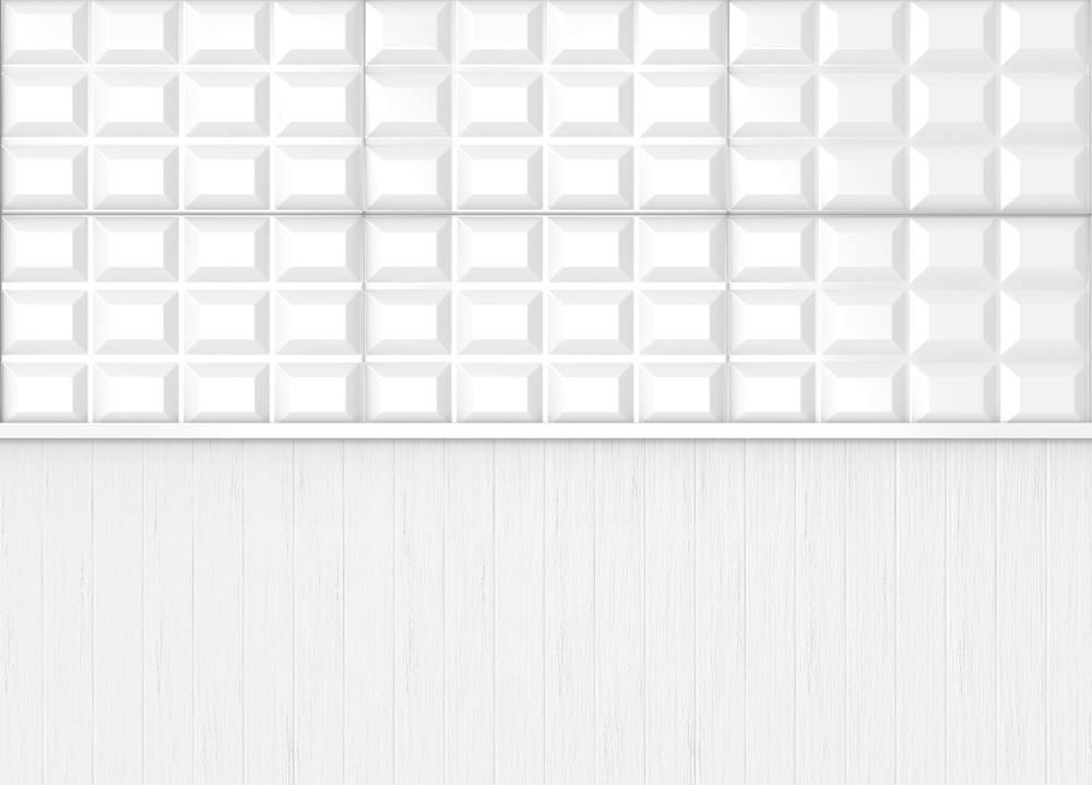 3d rendering. White square pattern with wood panel wall background.