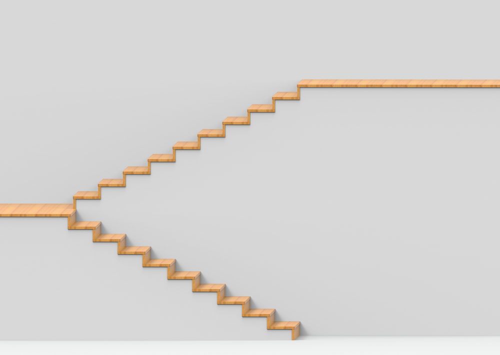 3d rendering. Wood panels on concrete stairs background.