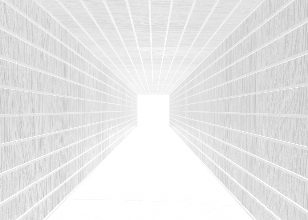 3d rendering. Abstract Long white wood wall hallway with the light at the end.