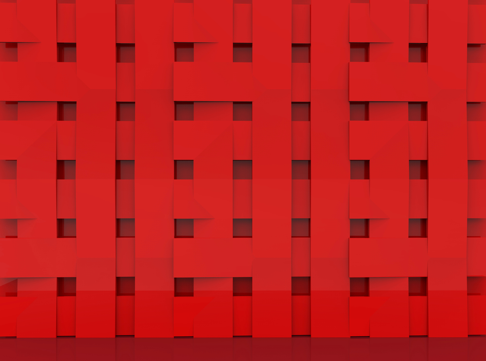 3d rendering. overlayed red panels in square shape pattern wall background.