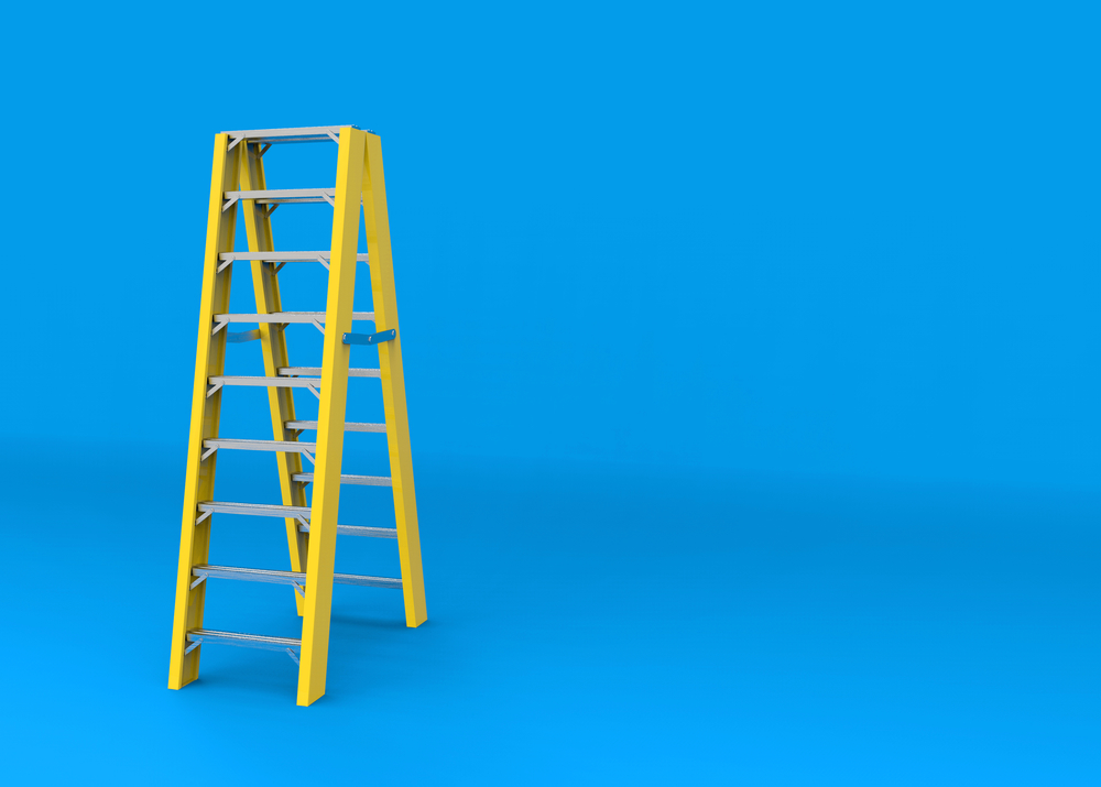 3d rendering. Yellow aluminum ladder stair on blue copy space background.