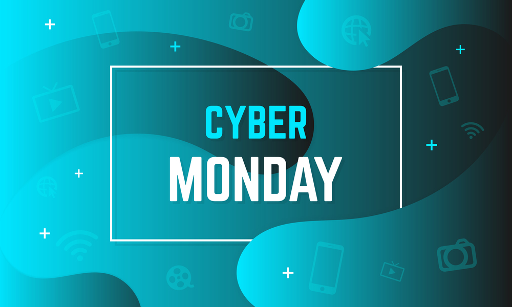 Cyber monday banner for your store site or social network. The inscription Cyber Monday in a frame on a Fluid liquid shapes background with technology icons. Vector illustration EPS 10