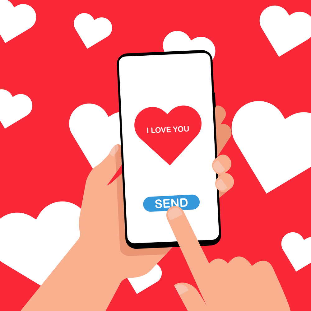 Sending love message concept. Smartphone with a heart with an inscription "I love you" on the screen in their hands against the background with hearts. Show and give love. Vector illustration. EPS 10