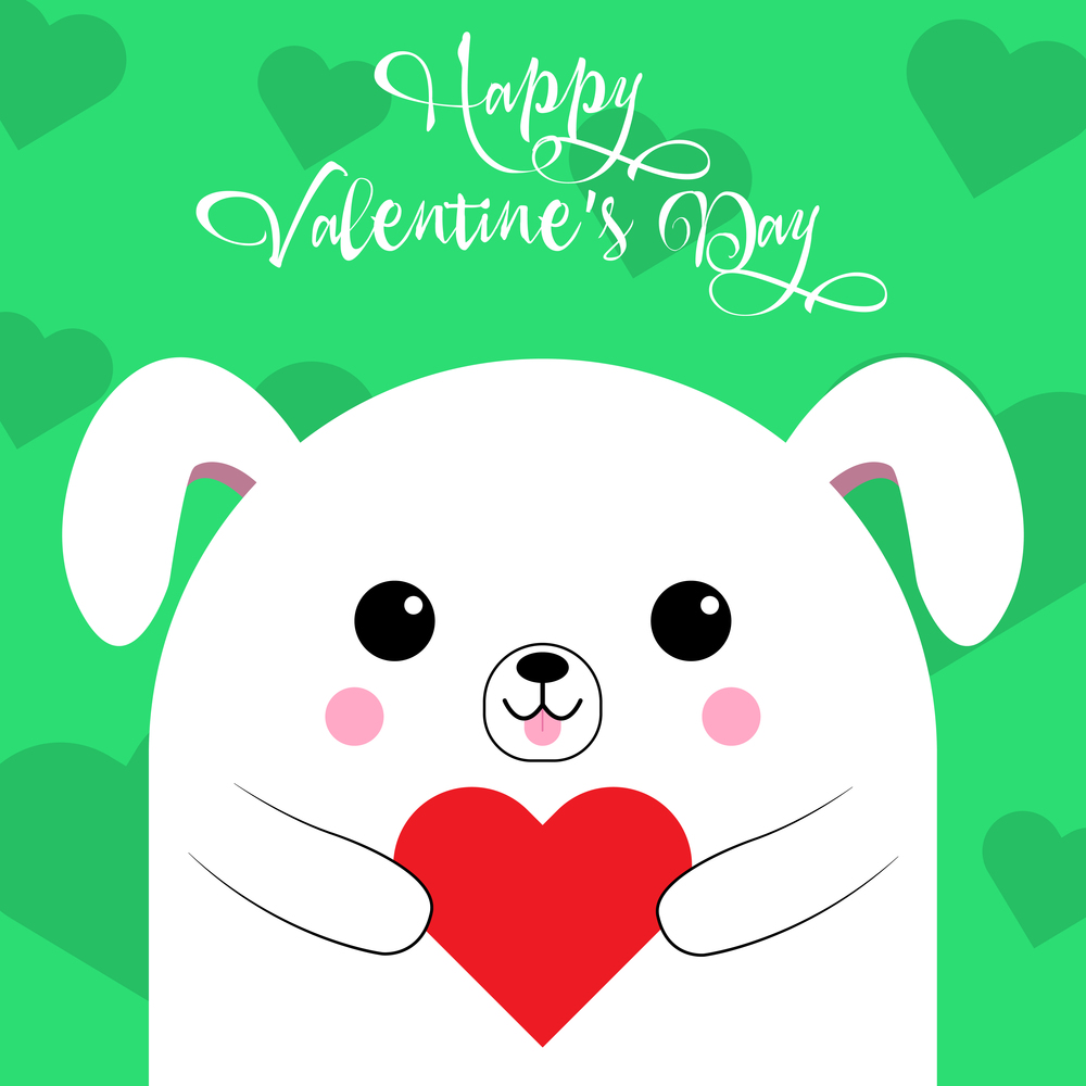 Happy Valentine&rsquo;s Day greetings from a cute dog with a heart on a green background. Love card. Vector illustration. EPS 10