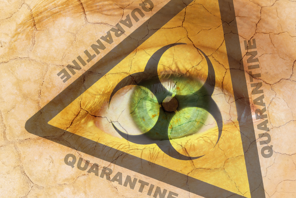 Coronavirus global Pandemic outbreak and quarantine concept. Creative composite of cracked woman skin with biohazard symbol, with the text Quarantane . . Coronavirus global Pandemic outbreak and quarantine concept. Creative composite of cracked woman skin with biohazard symbol, with the text Quarantane.