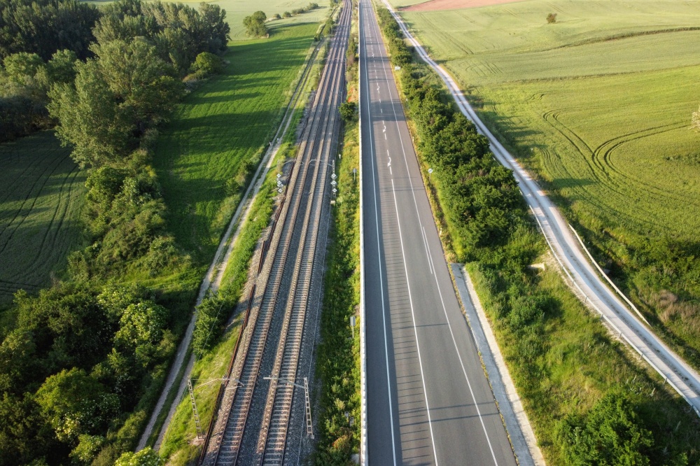 Aerial view, railway and road in rural landscape .. Aerial view, railway and road in rural landscape.