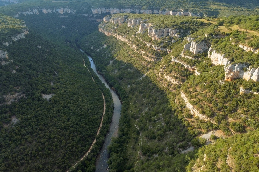Aerial view of Ebro river canyon in Burgos, Spain. High quality image.. Aerial view of Ebro river canyon in Burgos, Spain.