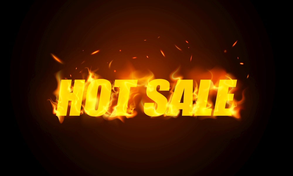 Hot Sale banner. Burning red hot sparks realistic fire flames