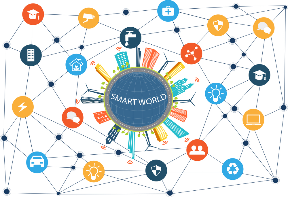 Smart World concept. A world with the advantages of the smart city.Modern city design with future technology for living. Illustration of innovations and Smart city .