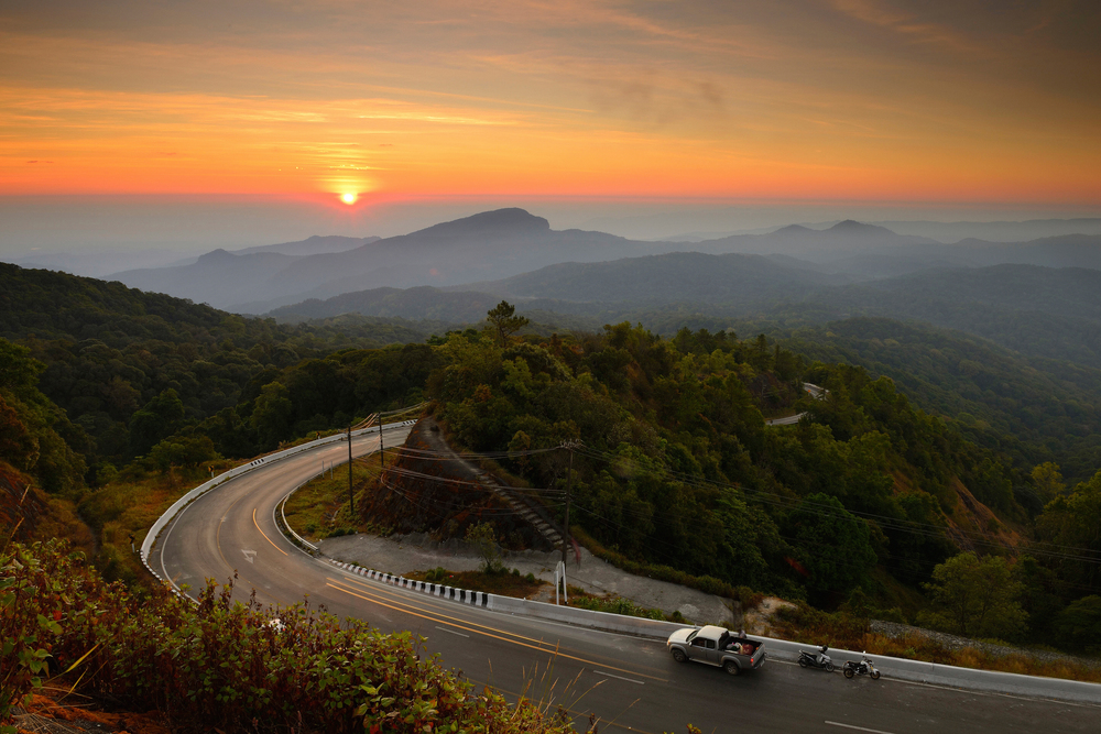 Beautiful winter sunrise landscape viewpoint at km.41 of Doi Inthanon Chiang Mai Thailand.  Landscape of forest, mountain in north Thailand.