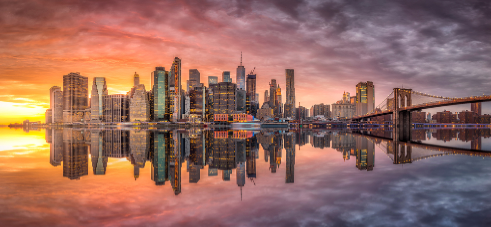 New York City skyline with skyscrapers at sunset