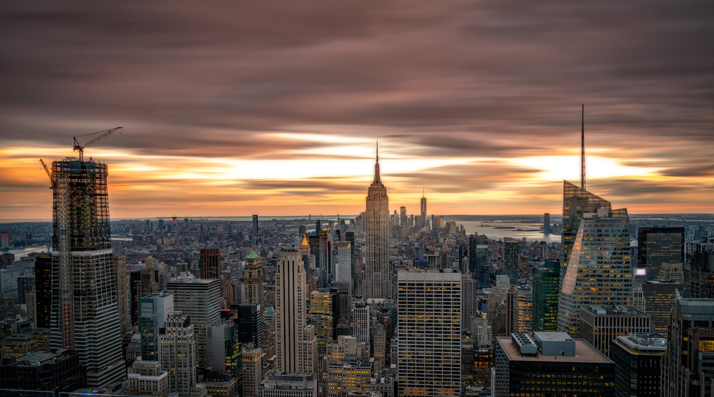 New York skyline from Top of the Rock Rockefeller center in USA at sunset blue hour