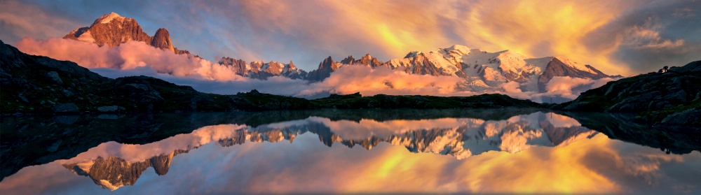 Cheserys Lake with reflection of Mont Blanc and Mountain range of the French Alps, in Chamonix, France.
