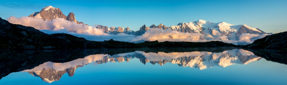 Cheserys Lake with reflection of Mont Blanc and Mountain range of the French Alps, in Chamonix, France.