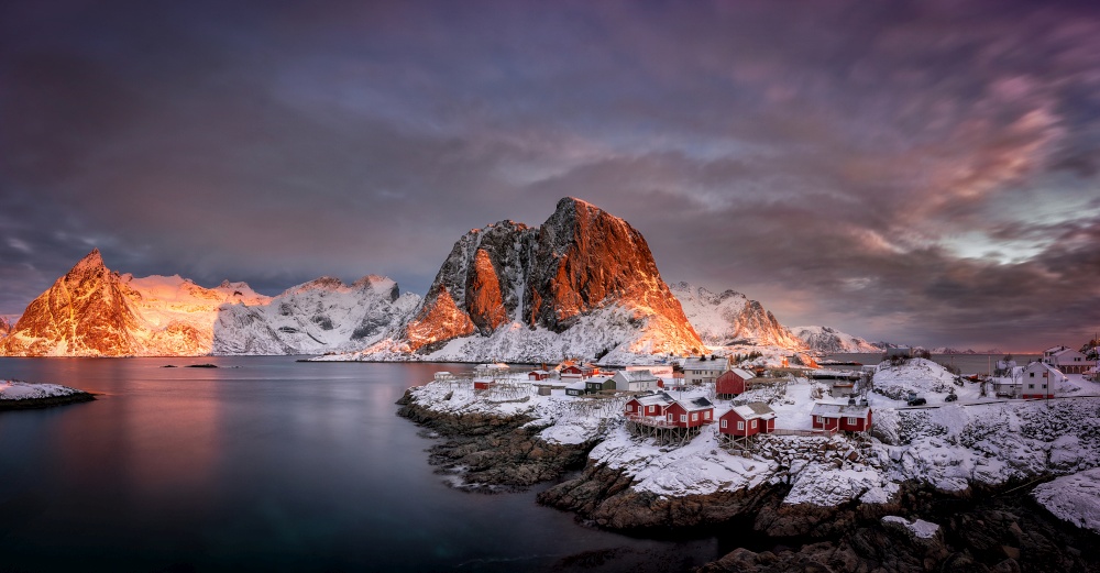 Village with snow and mountains in the Arctic, Lofoten Islands in Norway, Scandinavia