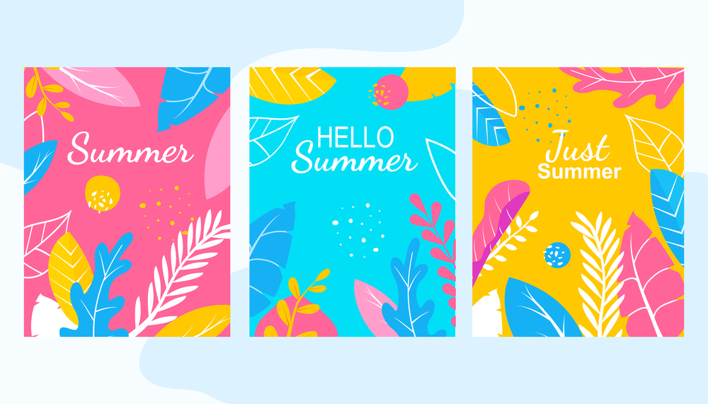 Just Summer. Hello Summer Floral Banner Set. Colorful Abstract Flowers Leaves Background. Botanical Design Flat Style for Invitation, Greeting Card, Holiday Backdrop Vector Illustration.. Hello Summer Floral Banner Set Abstract Flowers