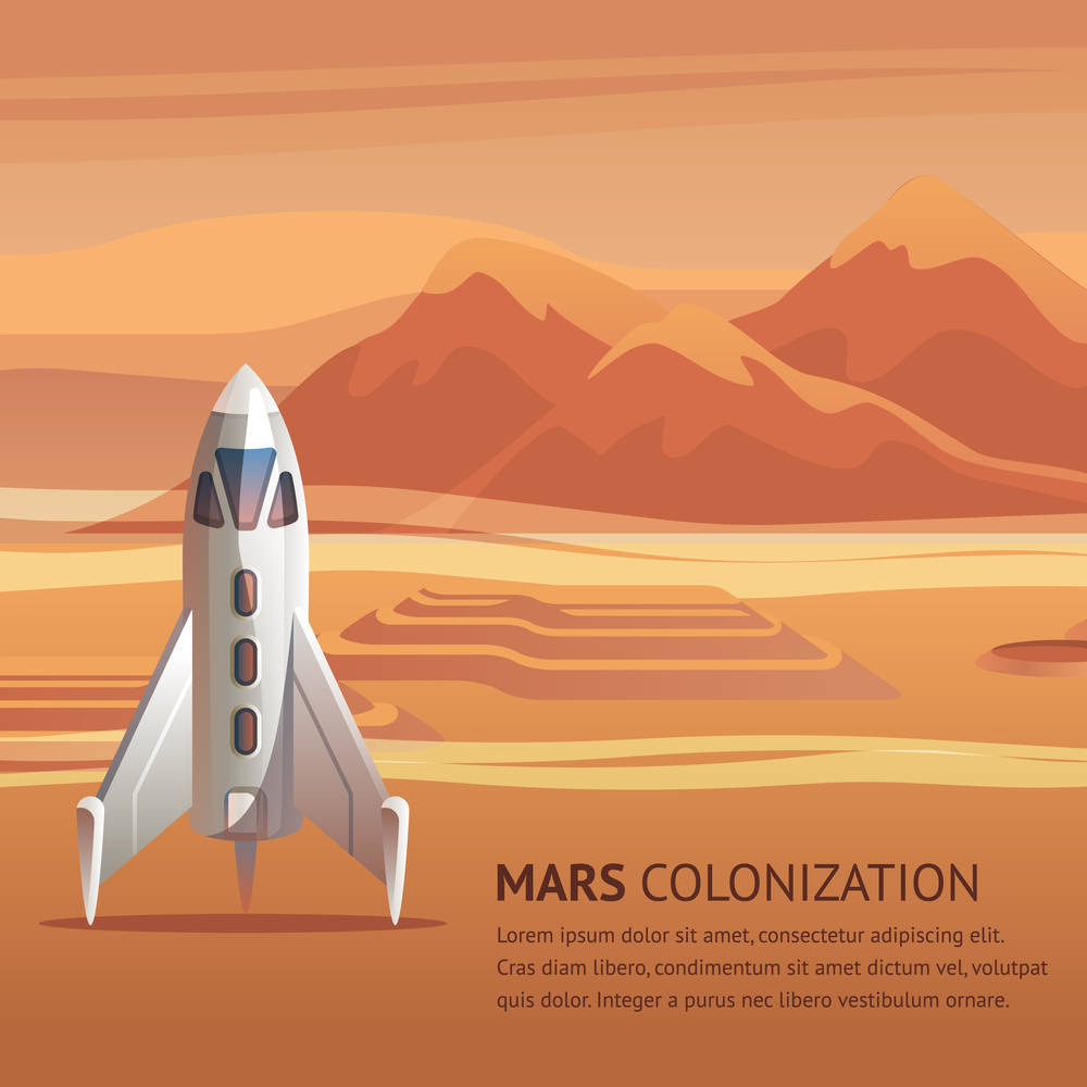 Banner Illustration Space Rocket on Surface Mars. Vector Image Panorama Red Planet. Mars Colonization Group Astronauts. Shuttle Preparing for Strat in Background Mountain Landscape. Space Exploration.