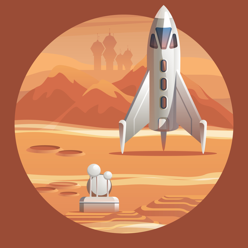Vector Illustration Rocket Preparing for Launch. Space Shuttle for Exploration. Apparatus for Long Distance Flights in Outer Space. Colonization Red Planet Mars. Scientific City to Explore New World