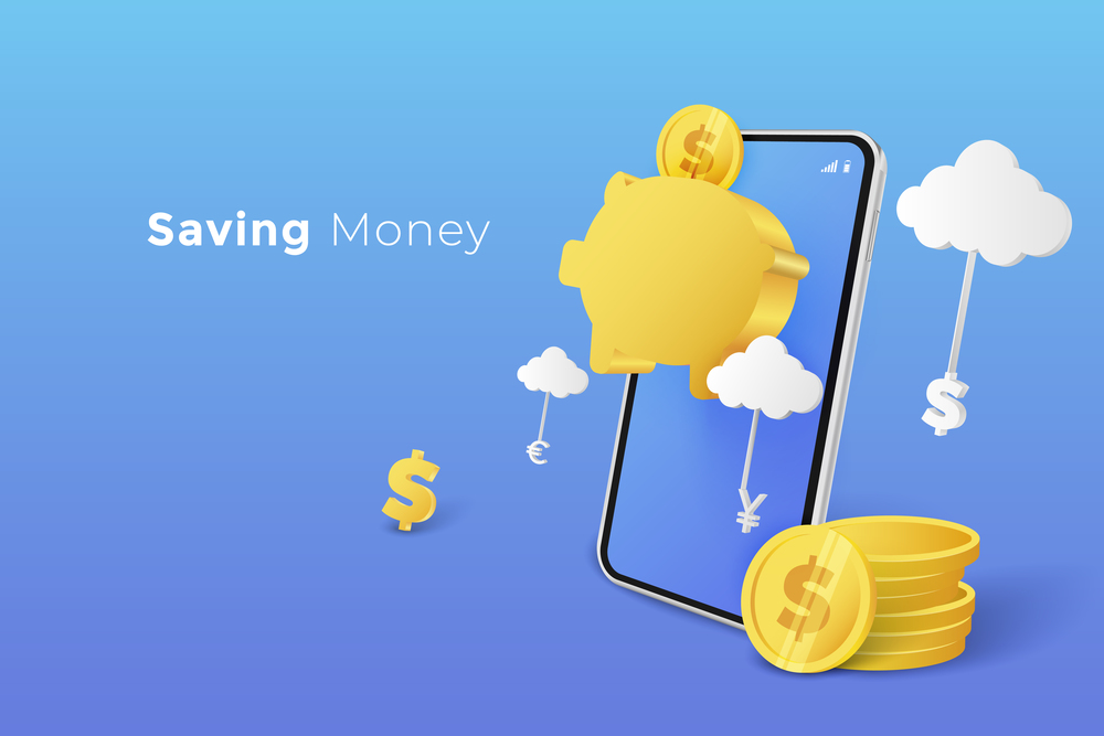 Savings money and investing concept. Coin in goal piggy bank with smartphone. vector illustration