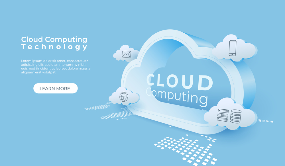 Cloud computing technology background. Digital online service. 3d cloud perspective vector illustration.