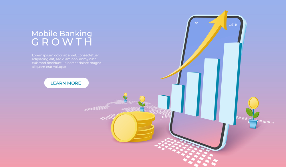 Savings money and investing concept. growth charts and arrow with smartphone. mobile application banking vector illustration