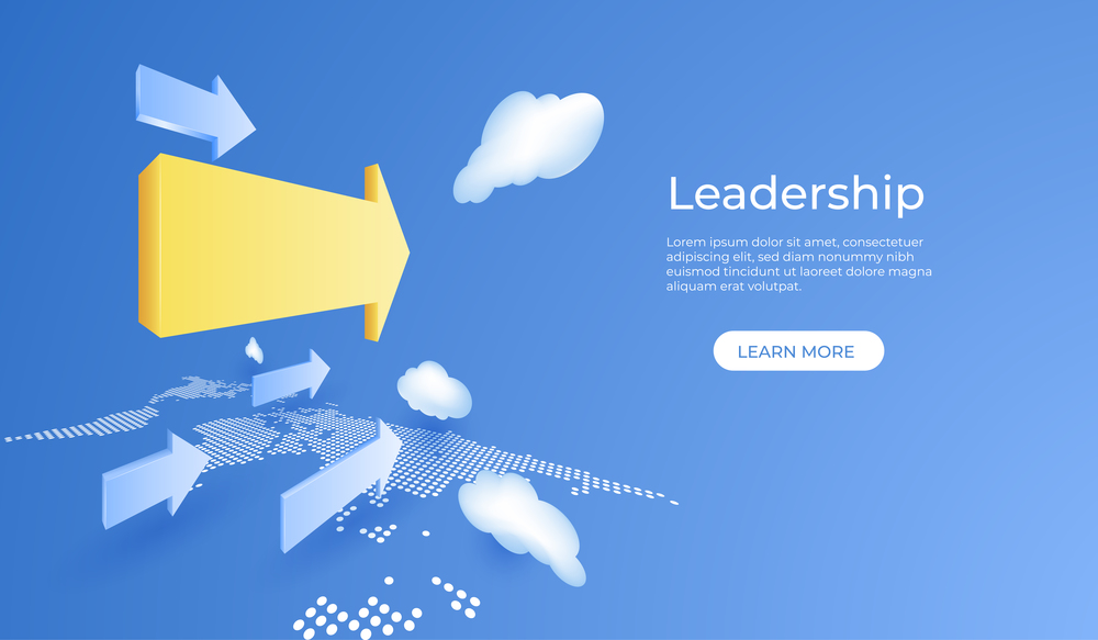 Business leadership concept with yellow arrow on blue sky background. 3d perspective vector illustration.