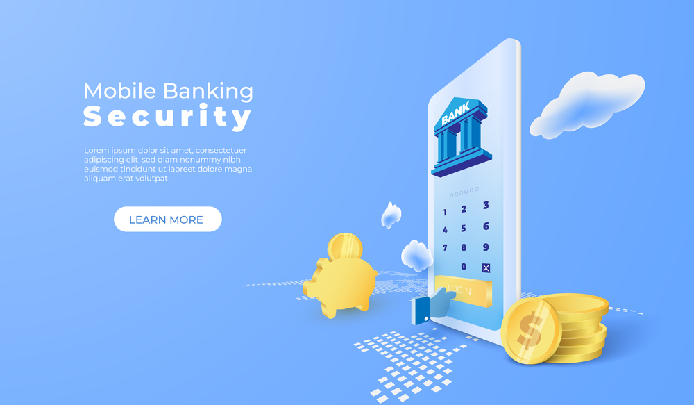 Business finance bank service with mobile application and coin on world map. Login screen with security concept. vector 3d perspective illustration.