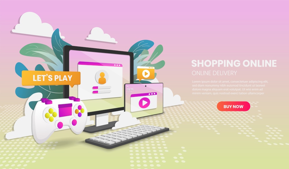 Shopping online on mobile phone. Online delivery service.3d vector illustration,Hero image for website