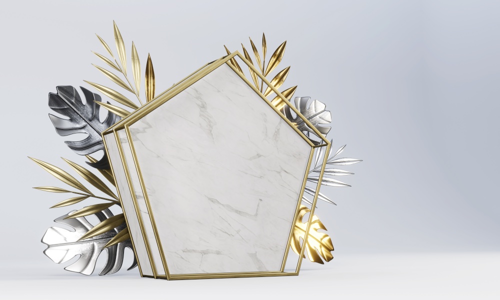 Abstract geometric Stone background decor by palm leaves.mockup scene for product, banner, presentation, 3d rendering.