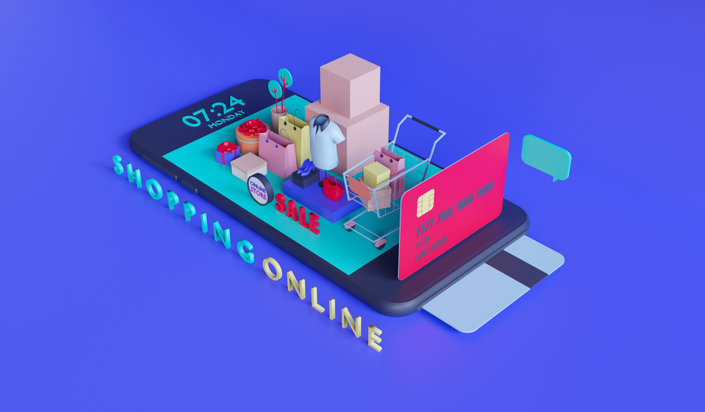 Shopping on-line. Online store on website or mobile application. 3d rendering background. digital marketing shop concept.