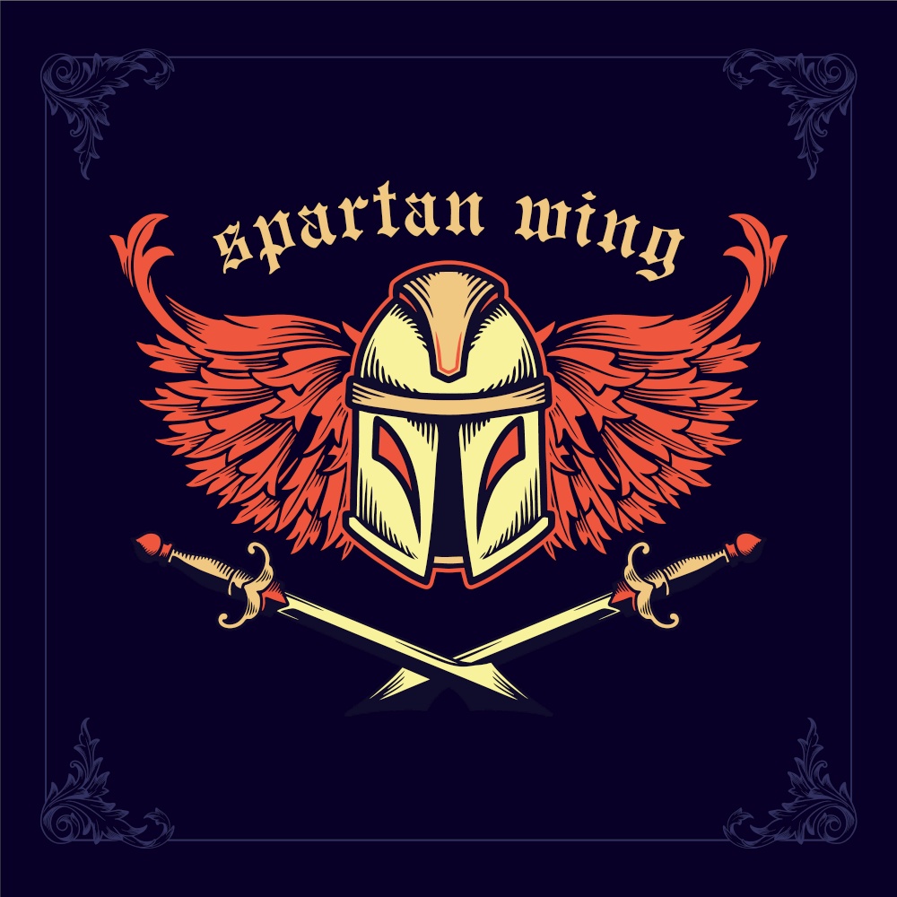 Spartan helmet with crossed swords and wings for logo team