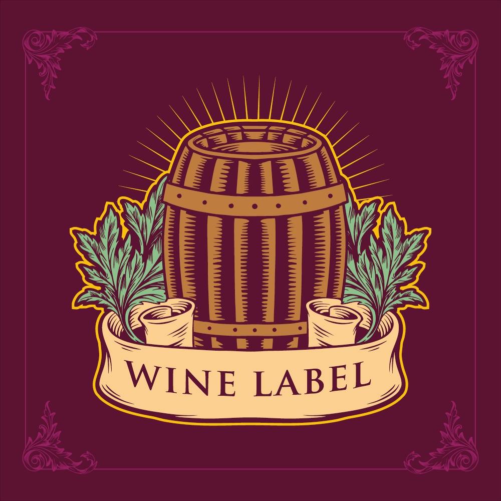 Wine label for wine grapes a wooden barrel style vector vintage illustration