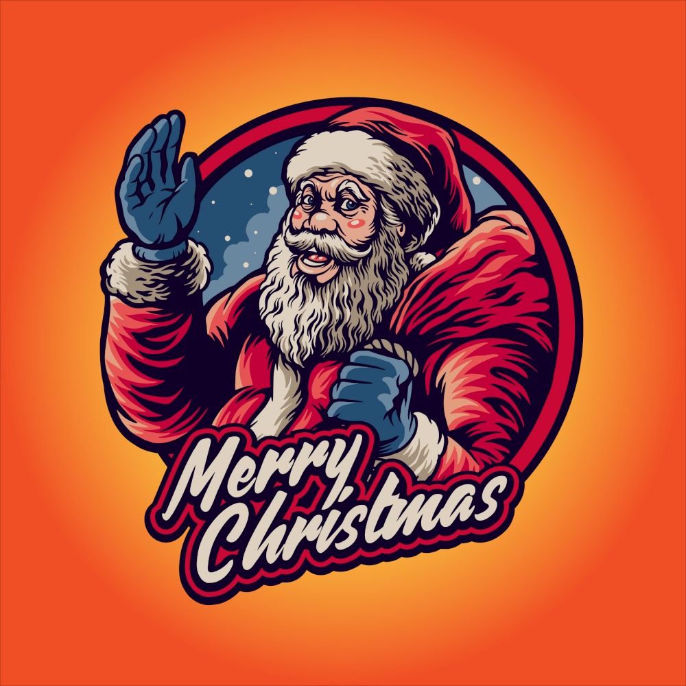 Greet Santa Claus Merry Christmas with bag Artwork Illustrations for your work merchandise clothing line and poster, greeting advertising
