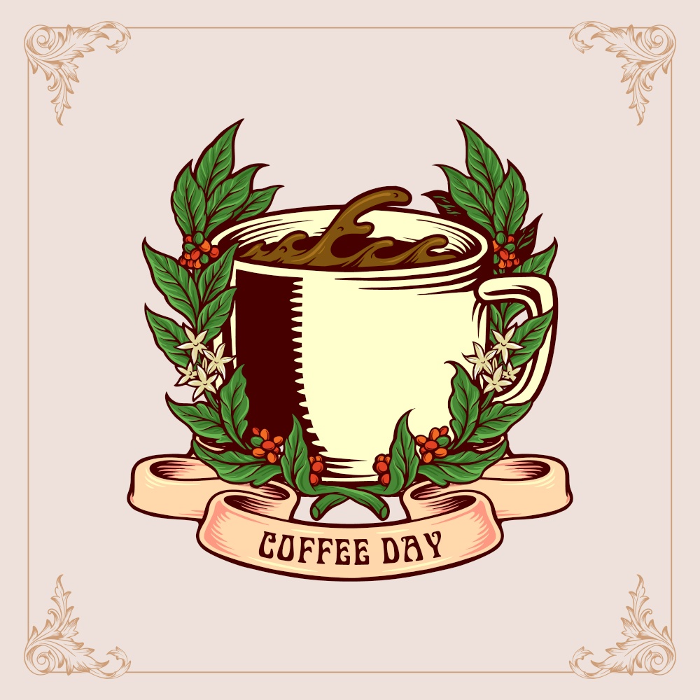 Coffee Day Vintage Badge with Glass and Ribbon