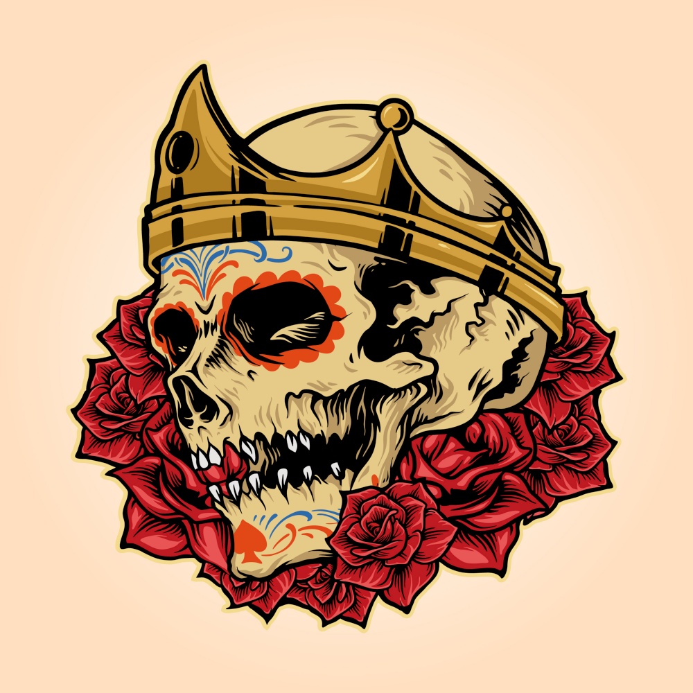 Royal Skull King Crown with Rose Illustrations Vector Mascot Logo