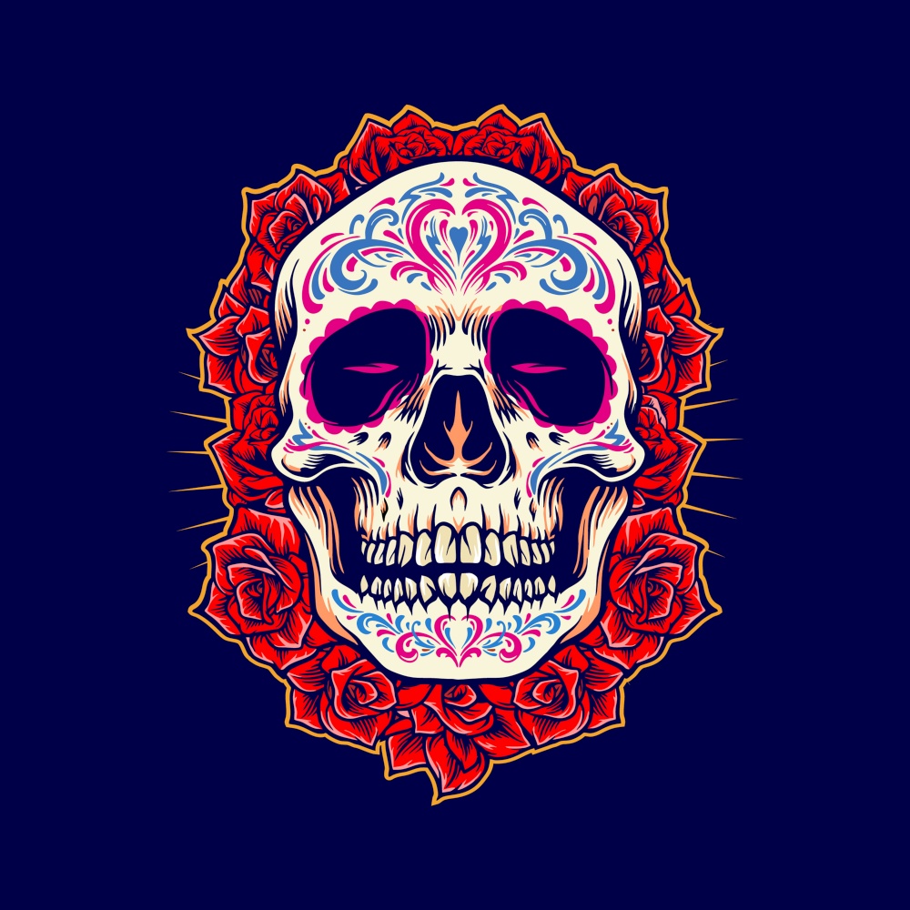 Mexican Skull Logo Mascot with Roses Illustrations for merchandise band and clothing line