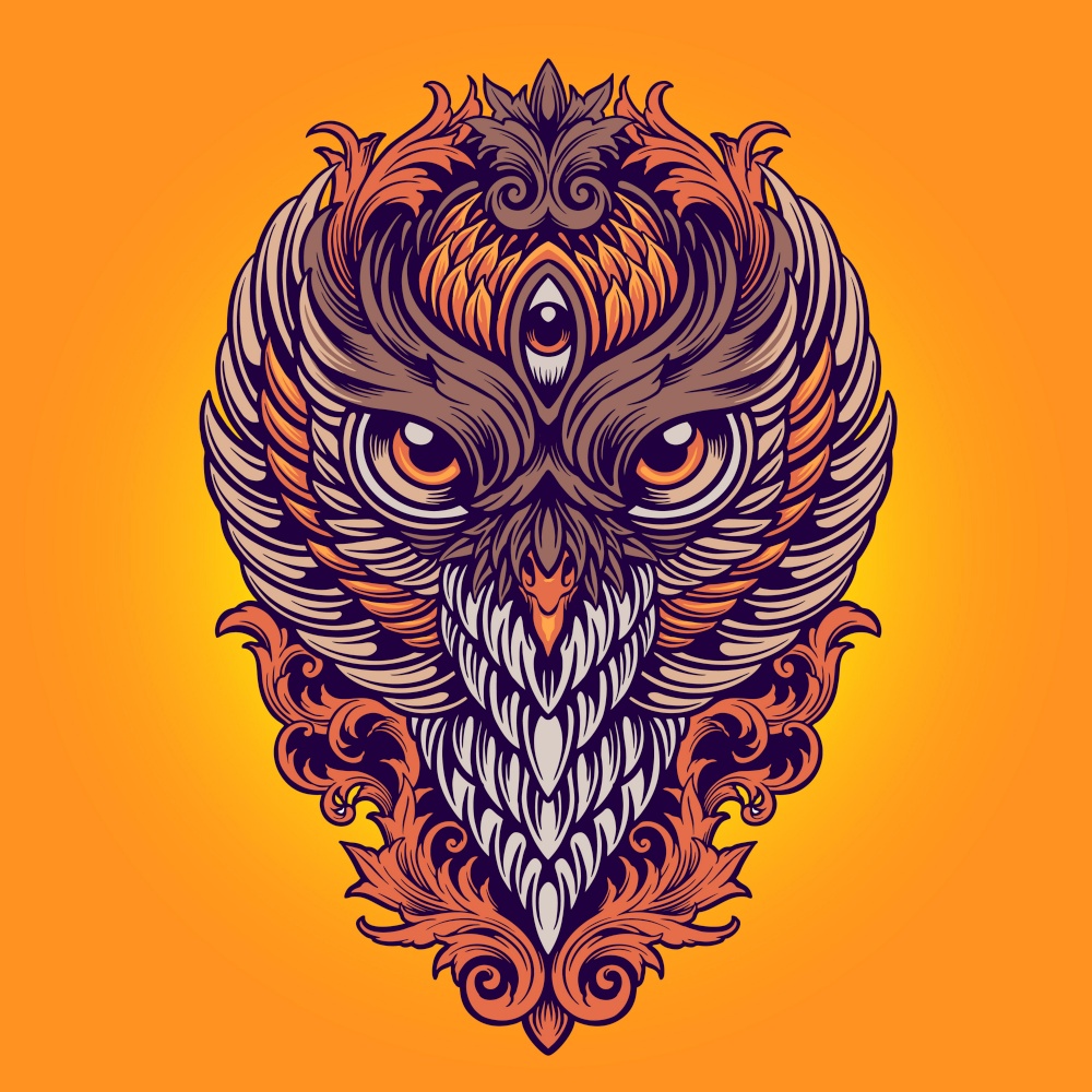 King Owl Colorfull Ornaments Illustrations for merchandise sticker Clothing Line Brand and fashions