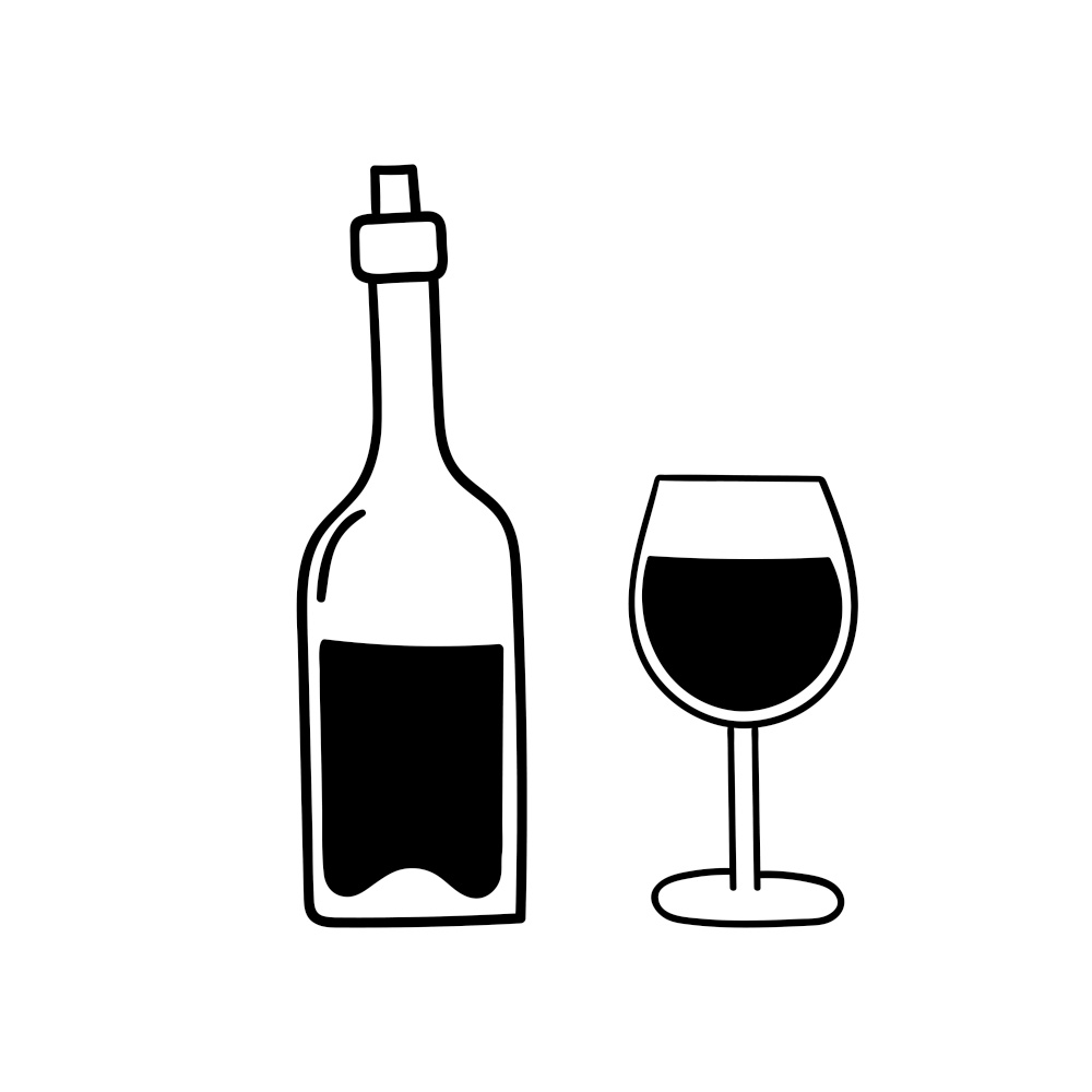Vector doodle bottle of wine and glass. Cooking, kitchen utensils, home elements. hand illustration isolated on white background.