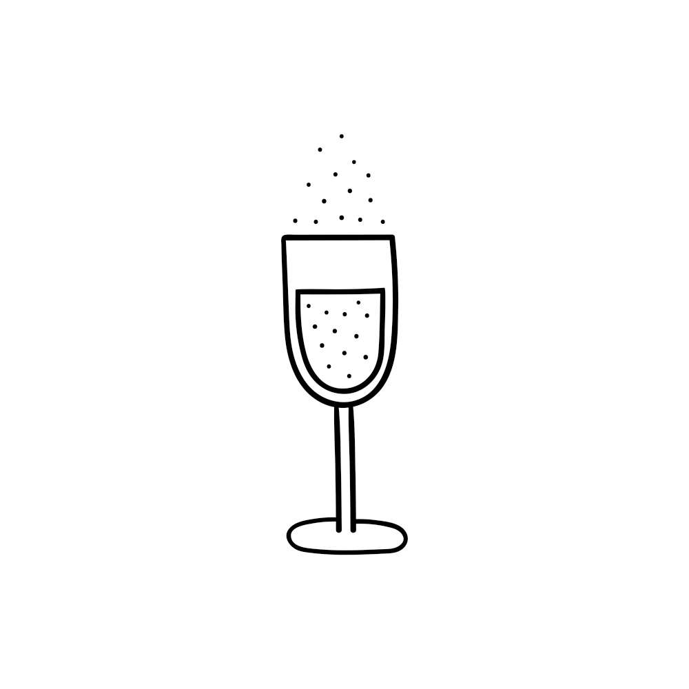Vector doodle glass of champagne. Cooking, kitchen utensils, home elements. hand illustration isolated on white background.