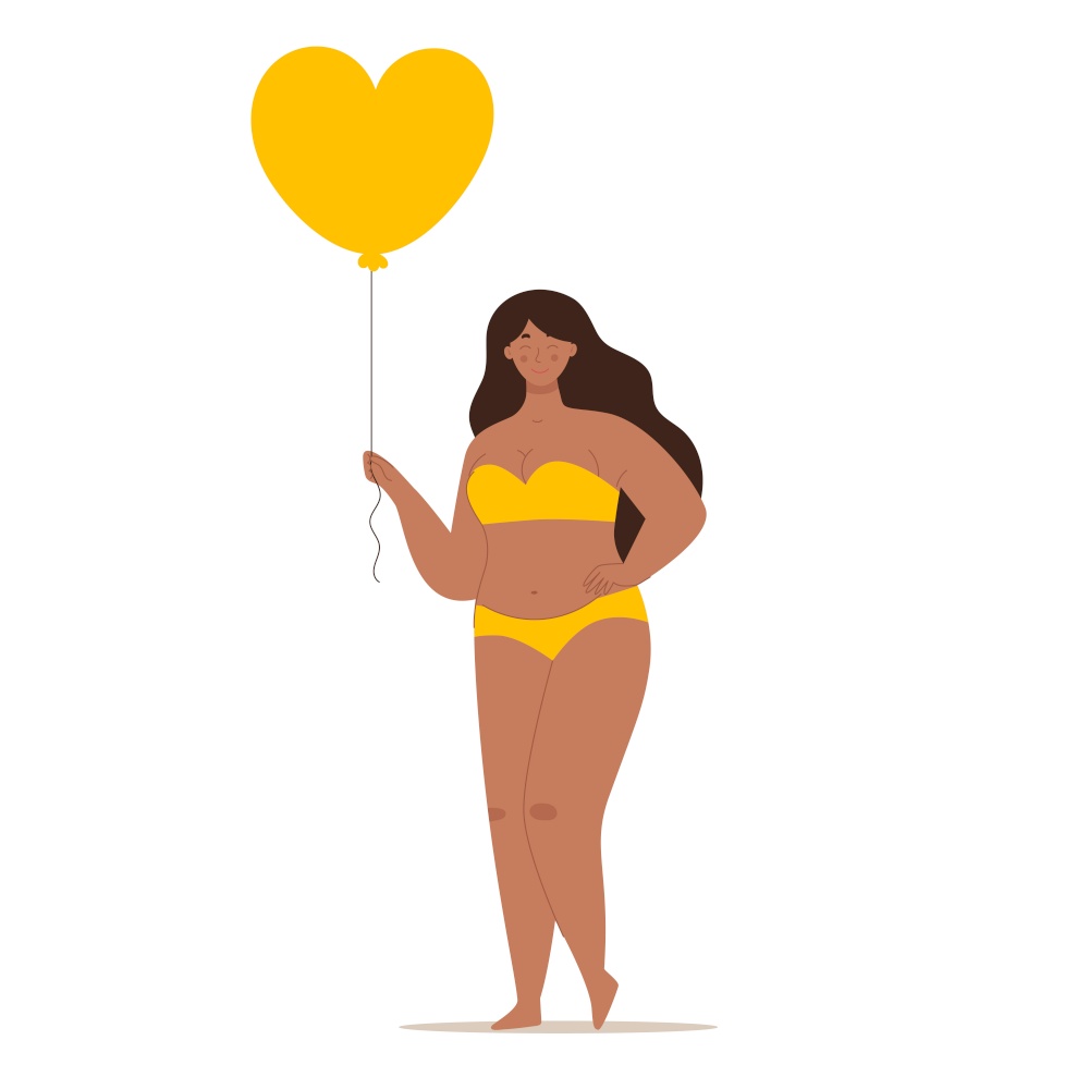 A happy beautiful plump woman in a swimsuit holding a heart-shaped balloon. Concept of body positivity, self-love, overweight. Flat vector female character