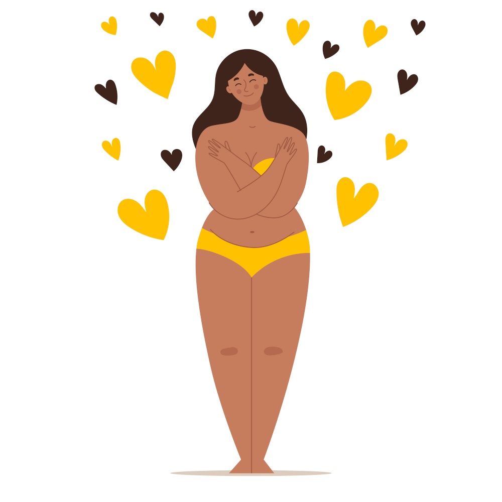 A beautiful plump woman in a swimsuit stands in full growth and hugs herself. Concept of body positivity, self-love, overweight. Flat vector female character