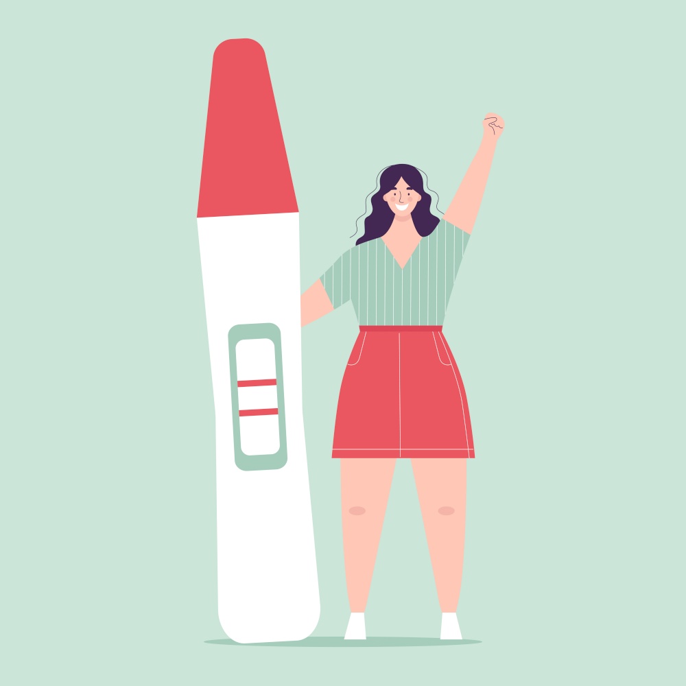 Young woman holding a big pregnancy test. Positive result, two stripes. Pregnancy planning concept, difficulties of conception, fertilization. Happy character. Flat vector illustration