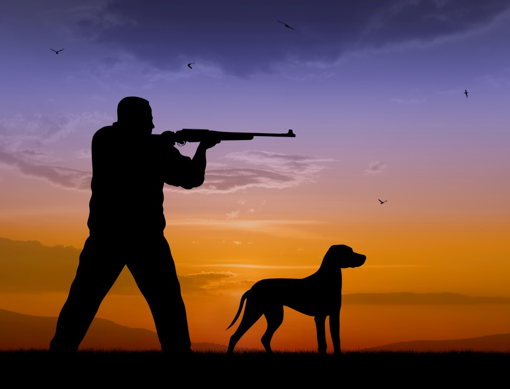 Illustration of hunter and hound silhouettes on sunset background