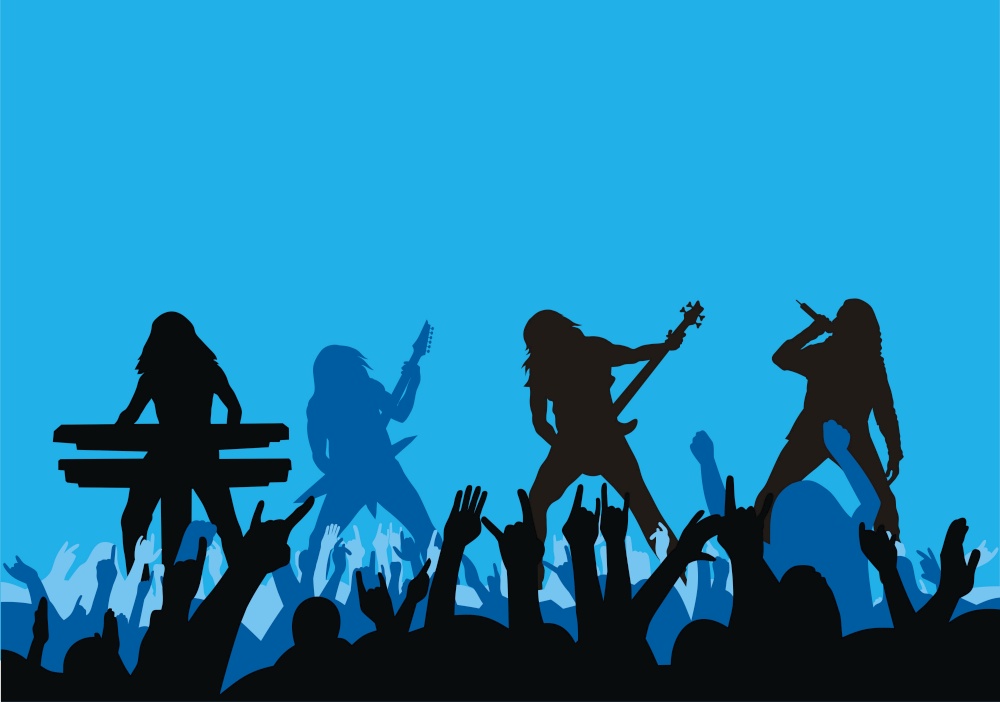 Illustration of rock musicians silhouette on concert